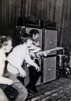 Ca. 1967, with two modified Sound City L100 amps and four Marshall 4×12 cabs.