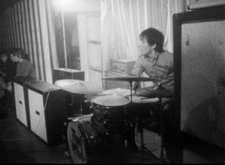 At the Marquee, 1965, Ludwig oyster black pearl kit with arrow logo bass drum skin.