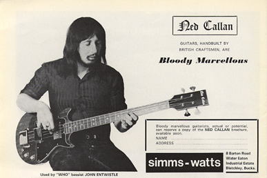 1972 Simms-Watts endorsement, with John playing a Ned Callan bass.