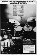 Click to view larger version. Ca. 1976, Premier drums endorsement ad.