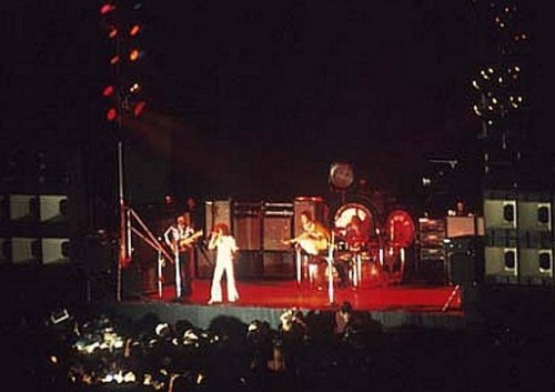 November 1973, at the Cow Palace, San Francisco, Heil/Sunn PA front-of-house bin stacks with white horn bells.