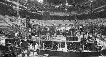 28 Nov. 1973, St. Louis, view from back of arena of (“Quadrophonic”) PA and stage setup.