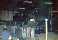 22 Feb. 1974, Parc des Expositions, Nancy, France, backstage during setup. PA by IES, and Bobby Pridden partially visible behind stage-left mixing desk. Via “A French Fan”.