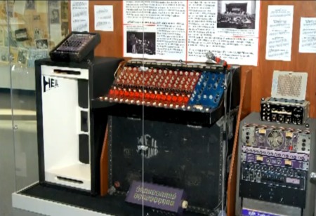 Mavis (“Quadrophonic”) mixer and rear surround PA speaker from back of hall setup, on display at the Rock and Roll Hall of Fame installation for Bob Heil.