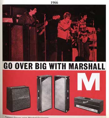 Click to view larger version. Two Marshall 4×12 model 1969 PA columns at left (same photo as above), and Marshall products, courtesy Kurt Schrotenboer.