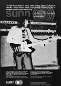 Click to view larger version. Black-finish “Fenderbird” and Sunn stack pictured in Sunn ad, ca. 1974. Courtesy WhiteFang’s Who Site. 