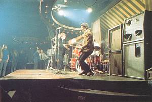 At the Marquee Club, Wardour Street, in 1967, with what’s left of the 1982A and 1982B cabinets (right), as well as two standard-sized 1982B cabinets (left). Amps are ’66 Marshall 1959 JTM100 Super Lead 100w amps.