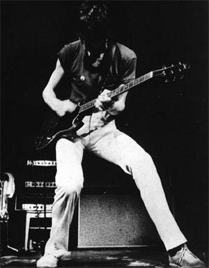 Ca. August 1968, Fillmore West, San Francisco, with Dallas-Arbiter Fuzz Face. Amps are with three customized Sound City L100 amplifiers. Guitar is 1968 Gibson SG Special.