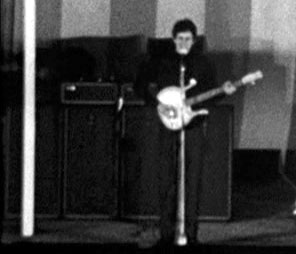6 Aug. 1965, front view of Danelectro Long Horn bass, and Vox T.60 cabinets and Vox AC-100 amplifier heads.
