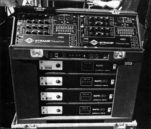 Ca. 1976, the custom Gelf amp rack by Kenny Flegg, with two Stramp 4120 preamps and four Sunn Coliseum Slave 300-watt power amps, and Alembic input module.