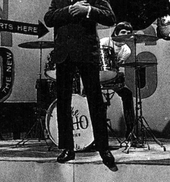 31 December 1965, broadcast for Ready Steady Go!, with Keith playing on same drumkit fitted with “The Who” logo on bass drum skin.