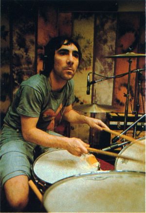 In the studio, ca. March 1971, with Ludwig kit, with snare drum muffling visible below microphone.
