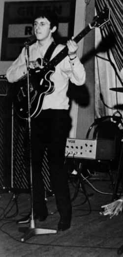 Ca. 1965, with Gretsch bass and Vox T.60 cabinets topped with Vox AC-100 amplifier heads.