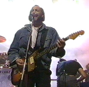 Ca. 1990, television appearance with sunburst Jazzmaster.