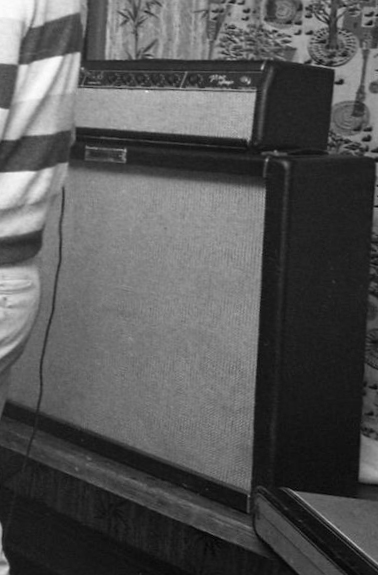 Ca. August/September 1964, at the Railway Hotel, closeup of the Fender Pro “head” the early Marshall 4×12.