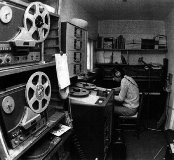 Click to view larger version. Wider view of home studio control room, Twickenham, ca. 1969. Danelectro Long Horn bass visible in center front.