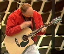 29 June, 1996, at Hyde Park, London, with the no. 1 Takamine FP360SC for Drowned, the last known stage use of Takamine guitar.