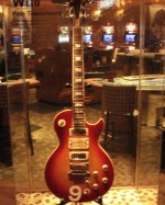 #9 Cherry Sunburst 1975 Gibson Les Paul Deluxe from 1976–79 series, on display at the Hard Rock Hotel, Las Vegas, Nevada. Photo courtesy Lorne Mitchell.