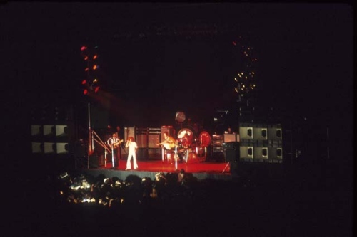 November 1973, at the Cow Palace, San Francisco, Heil/Sunn PA front-of-house bin stacks with white horn bells.