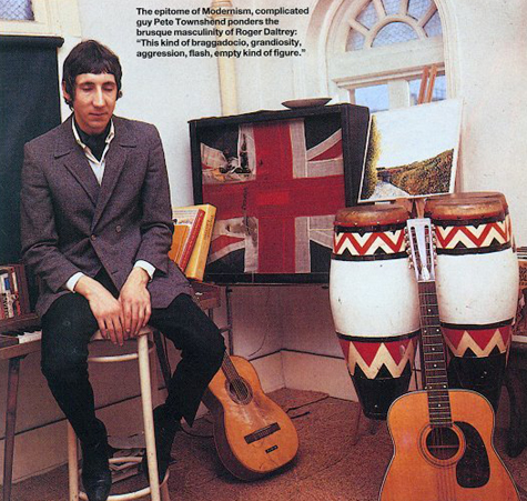 Wardour Street home studio, ca. 1966 or 1967, with early Marshall 4×12 on stand and Union Jack as grille cloth. Guitar at right is Harmony Sovereign H1270 12-string.