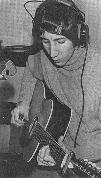 Ca. 1967, home studio, recording with the Harmony Sovereign H-1270 12-string; C-style capo unused at the headstock.