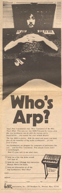 Click to view larger version (587kb). “Who’s Arp?” ARP synthesizer ad from 23 Nov., 1972, Rolling Stone. Courtesy Martin Forsbom and Bill Keller.